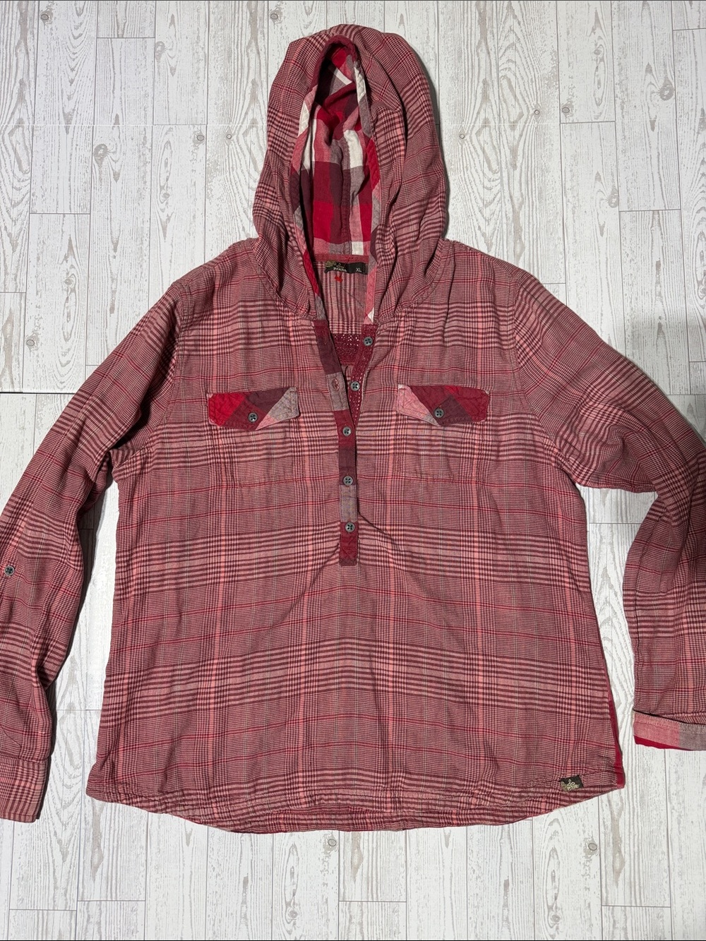 Prana Red Plaid Hooded Pullover Shirt